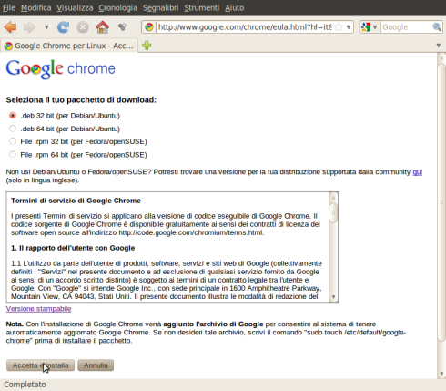 Selezione del pacchetto di Google Chrome